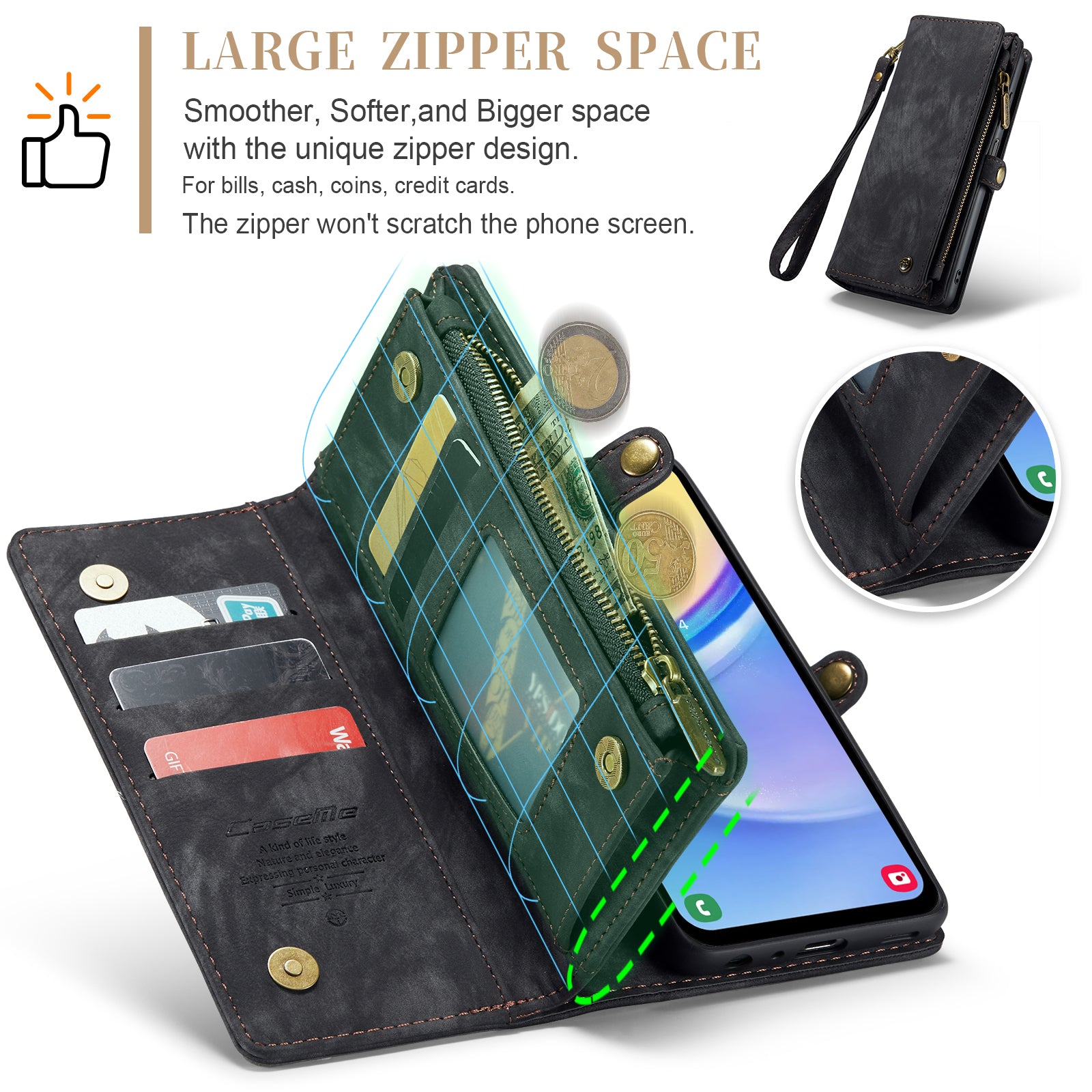 For Samsung Galaxy A16 5G / A16 4G Case CASEME 008 Series Detachable Leather Zipper Wallet Phone Cover - Black For Samsung Galaxy A16 5G / A16 4G Case CASEME 008 Series Detachable Leather Zipper Wallet Phone Cover - Black